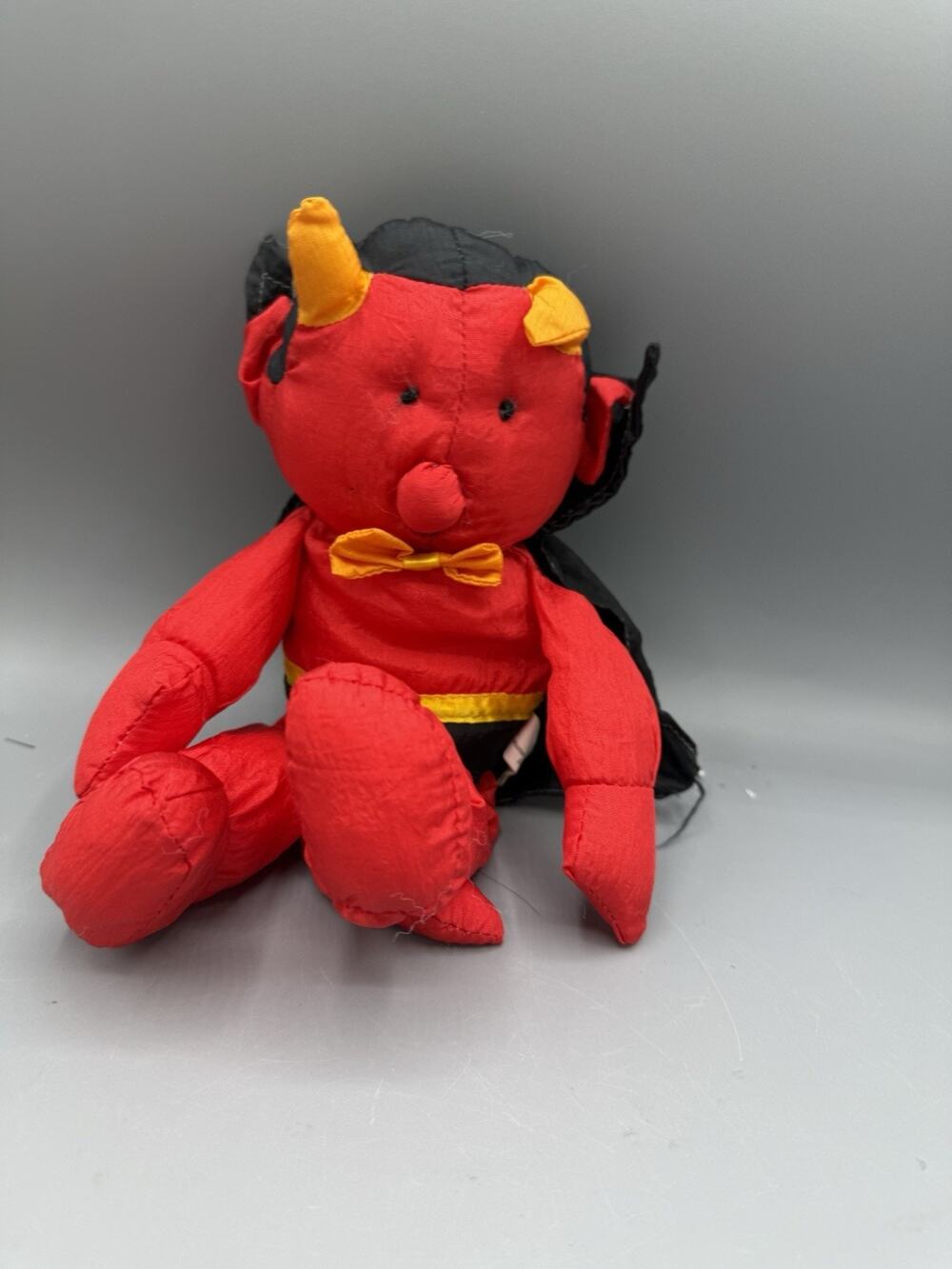 Vintage Halloween Red Devil Plush 12” Black Cape Horns Bow Stuffed Toy Decor